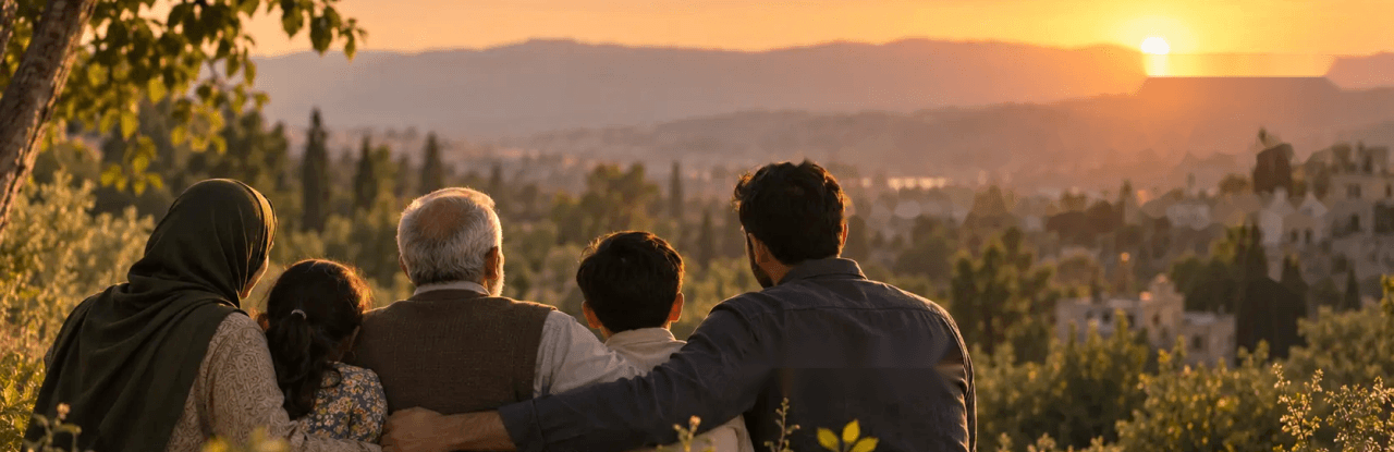خانواده‌ای کنار هم، رو به غروب